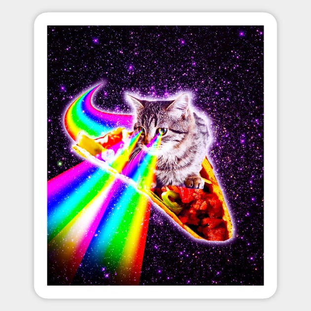 Rainbow Laser Eyes Galaxy Cat Riding Taco Sticker by Random Galaxy